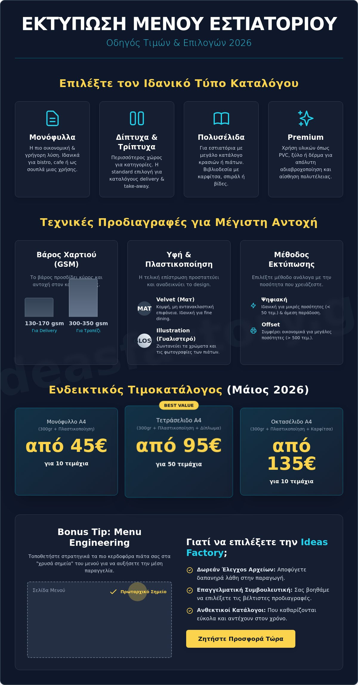 Εκτύπωση μενού εστιατορίου τιμές: Ο πλήρης οδηγός κόστους και επιλογών για το 2026